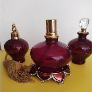 French Etched Floral Cranberry Glass Perfume Bottle, Atomizer & Berger